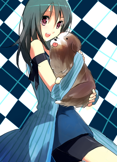 angelo_(ff8), black_hair, detached_sleeves, dog, female, final_fantasy, final_fantasy_viii, happy