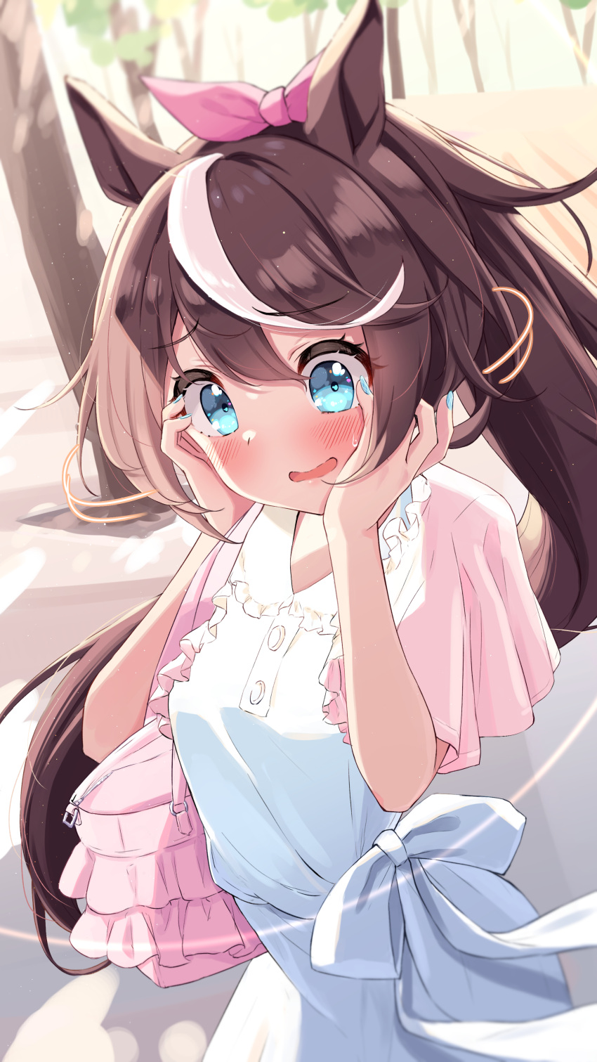 1girl, absurdres, alternate_costume, animal_ears, bag, bangs, blue_eyes, blue_nails