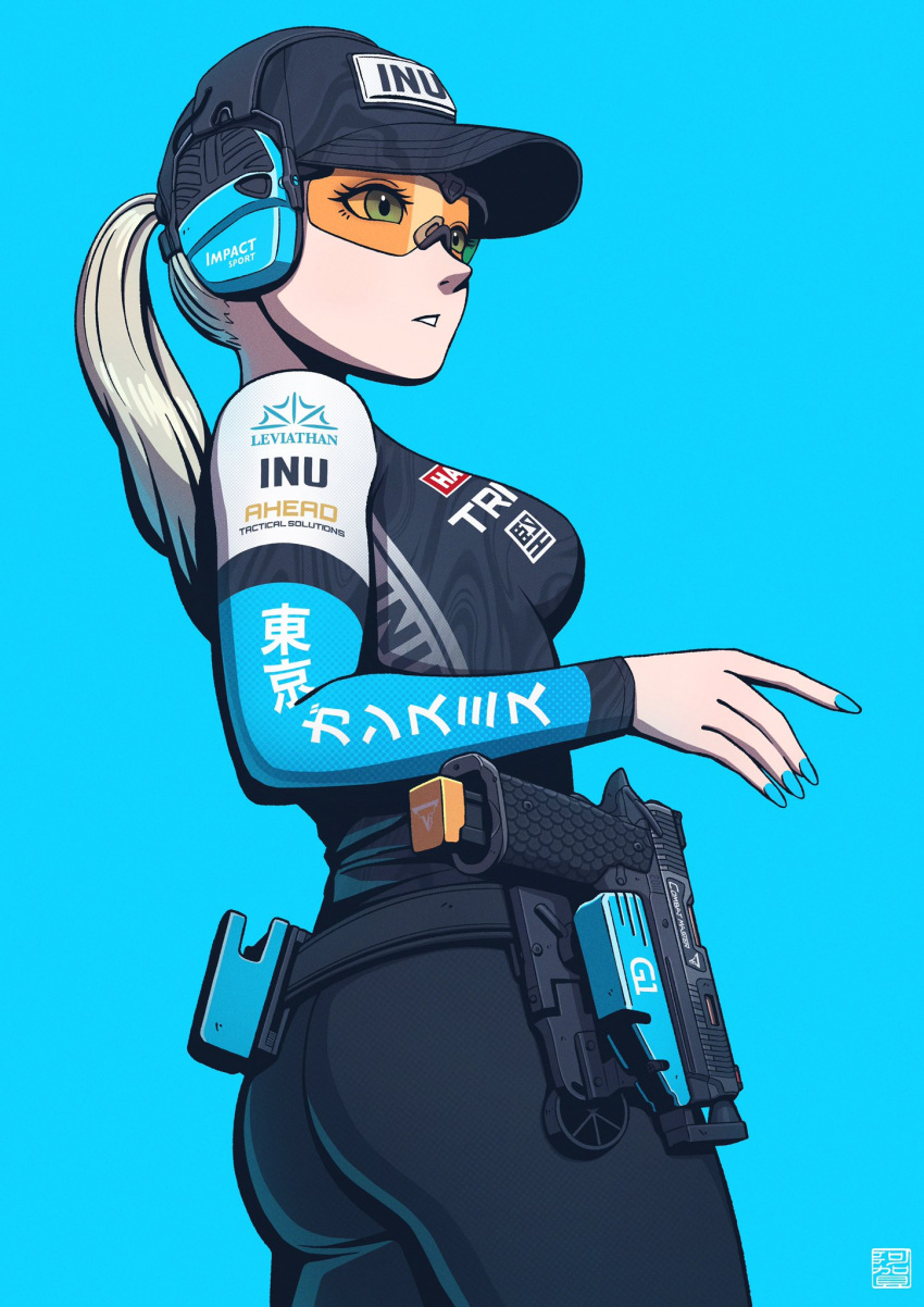 1girl, agavoart, baseball_cap, black_headwear, black_pants, blonde_hair, blue_background, blue_nails, earmuffs, green_eyes, gun, handgun, hat, highres, holster, holstered_weapon, logo, long_sleeves, looking_to_the_side, nail_polish, original, pants, pistol, ponytail, safety_glasses, solo, translation_request, weapon
