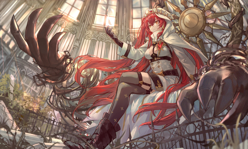 1girl, alchemy_stars, bangs, black_footwear, black_legwear, boots, breasts, cloak