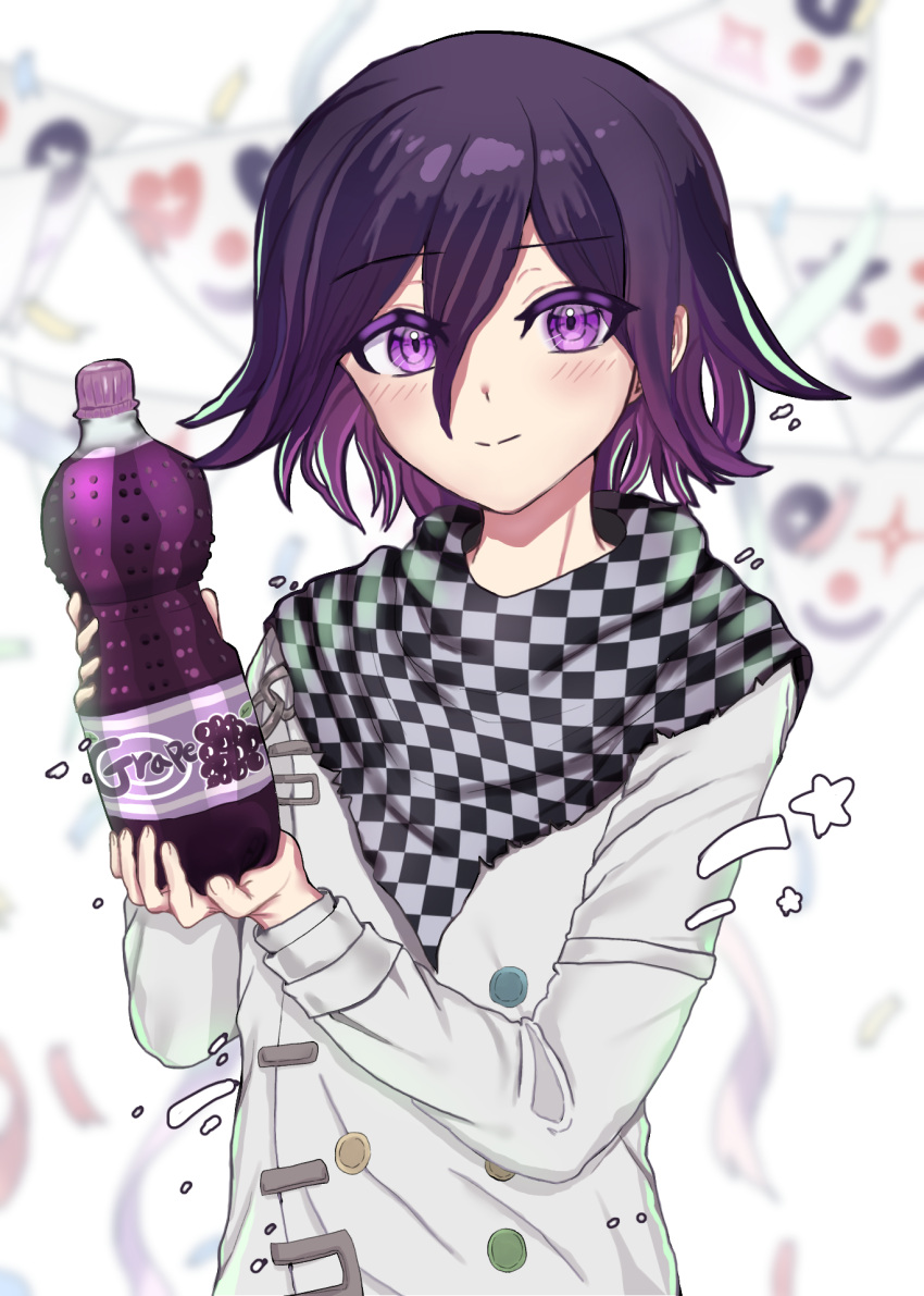1boy, bangs, blurry, blurry_background, bottle, buttons, checkered, checkered_scarf
