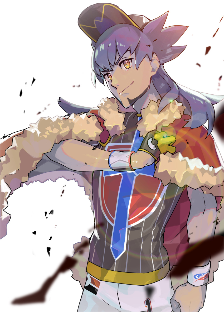 1boy, absurdres, bangs, baseball_cap, blurry, cape, cape_grab, champion_uniform