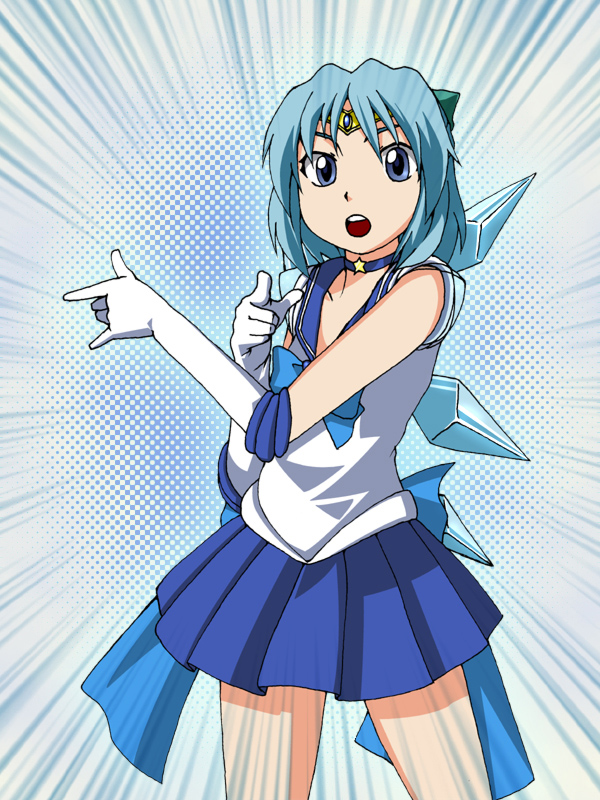 \m/, bishoujo_senshi_sailor_moon, blue_hair, cirno, cosplay, duplicate, hands, magical_girl