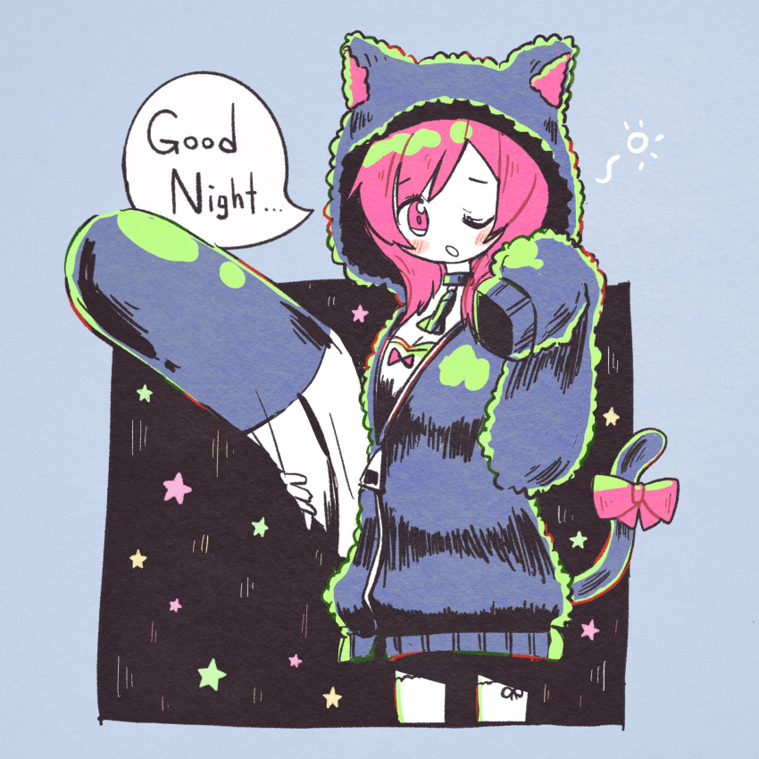 1girl, animal_ears, animal_hood, asymmetrical_bangs, azur_lane, bangs, black_blouse, black_hoodie, blouse, blush_stickers, bow, breasts, cat_ears, cat_girl, cat_hood, cat_tail, cropped_legs, english_text, highres, holding, holding_pillow, hood, hoodie, i-19_(azur_lane), i-19_(pillowy_paradise)_(azur_lane), koru_koruno, long_sleeves, looking_at_viewer, loungewear, medium_breasts, medium_hair, one_eye_closed, open_mouth, pillow, redhead, ribbon, sleeves_past_wrists, solo, speech_bubble, standing, star_symbol, tail, tail_ornament, tail_ribbon, thigh-highs, torpedo, unzipped, zipper
