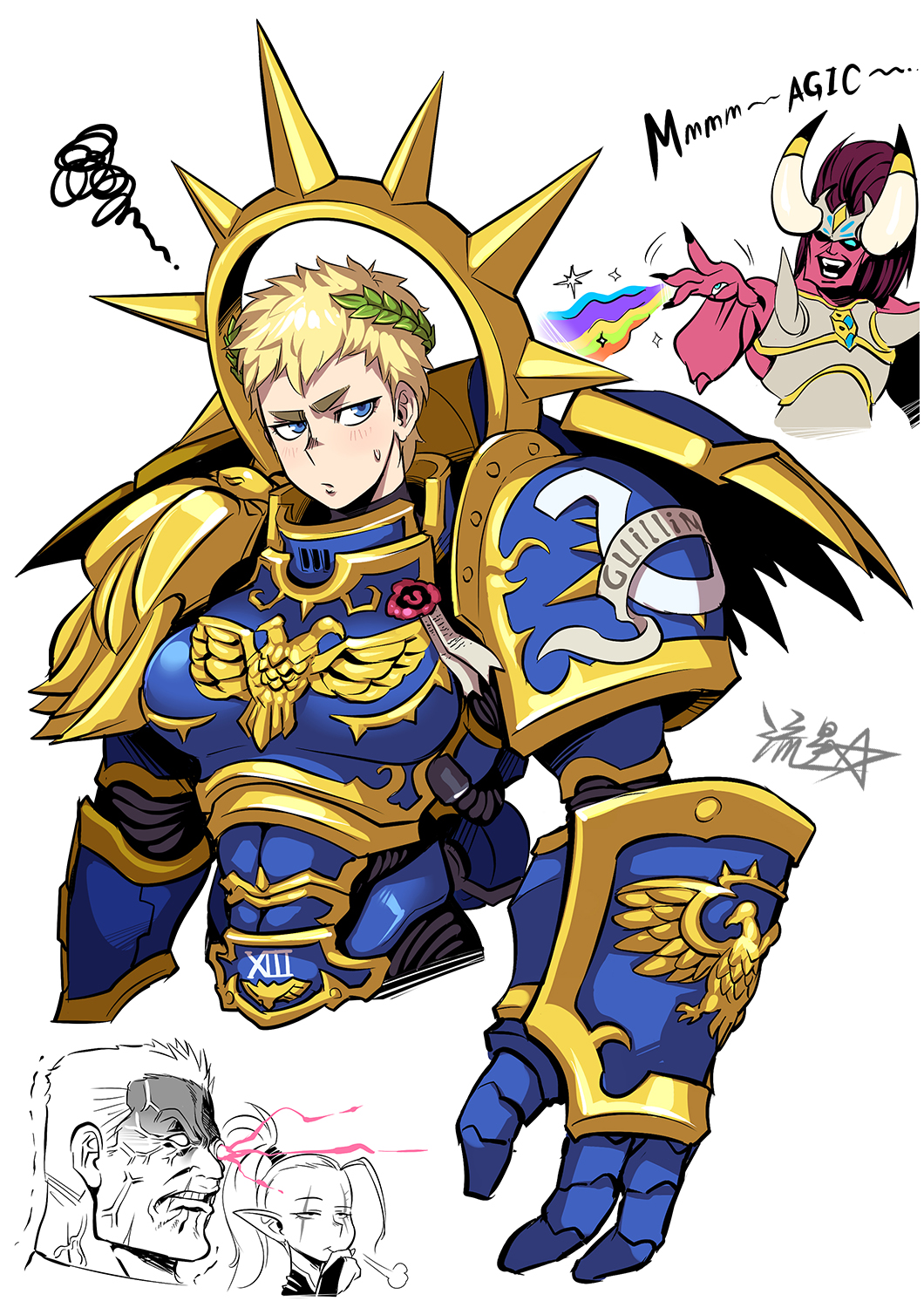 adeptus_astartes, angry, armor, blonde_hair, breasts, chaos_(warhammer), colored_skin, demon, eldar, genderswap, genderswap_(mtf), highres, horns, imperium_of_man, magnus_the_red, mareus_calgar, medium_breasts, pauldrons, power_armor, primarch, red_skin, roboute_guilliman, ryuusei_(mark_ii), shoulder_armor, transformation, war_hammer, warhammer_40k, weapon, white_hair, yvraine