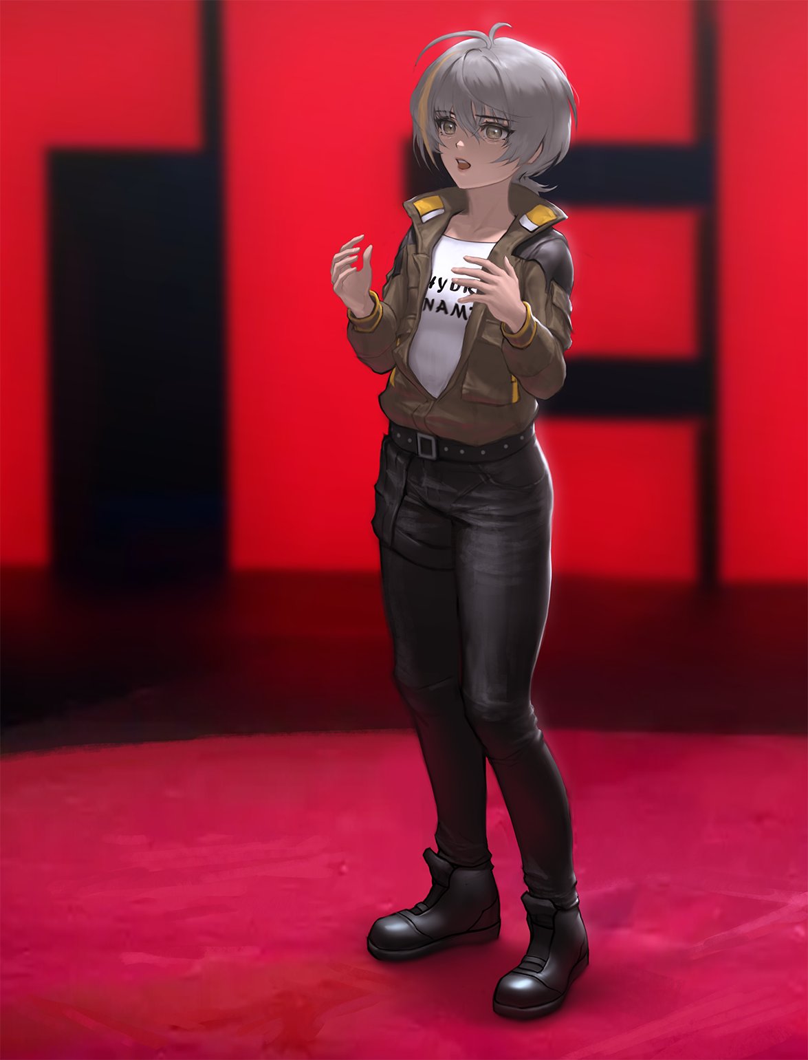 1girl, ahoge, ankle_boots, belt, black_belt, black_pants, boots, brown_jacket