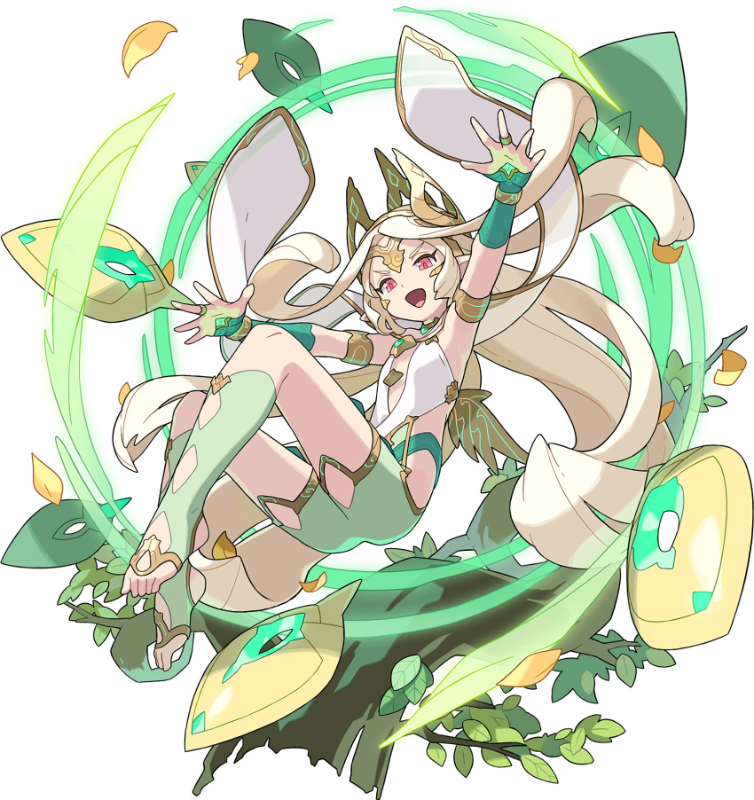 1girl, armlet, armpits, arms_up, artist_request, ass, aura, bangs, bare_shoulders, bike_shorts, blonde_hair, bracelet, branch, brooch, cape, clothing_cutout, crown, emerald_(gemstone), esterielle_(world_flipper), flat_chest, floating, floating_object, full_body, gem, glowing, gold, gold_trim, green_legwear, half-closed_eyes, happy, highres, jewelry, kneehighs, leaf, long_hair, looking_down, low_wings, neon_trim, non-web_source, official_art, outstretched_arms, parted_bangs, pointy_ears, red_eyes, see-through, sidelocks, smile, solo, stirrup_legwear, toeless_legwear, transparent_background, v-shaped_eyebrows, very_long_hair, white_cape, wind, wings, world_flipper, yellow_headwear, yellow_wings