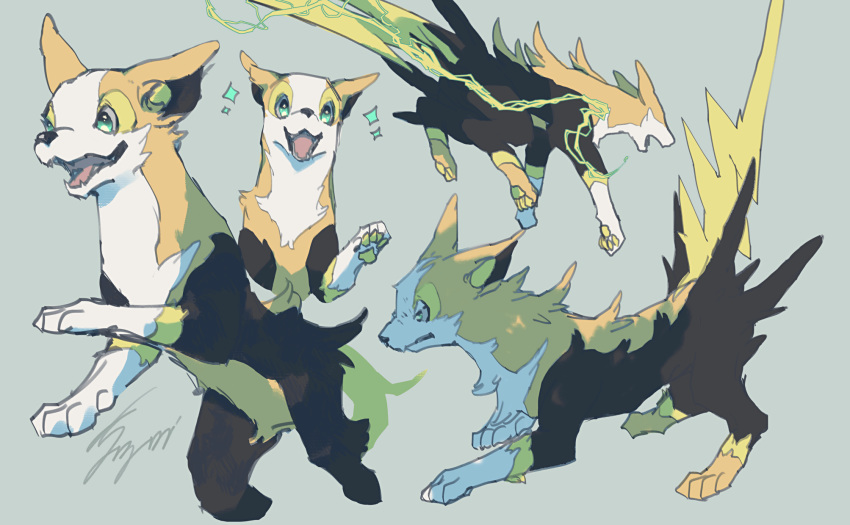 boltund, commentary_request, dog, electricity, gen_8_pokemon, green_eyes, grey_background, highres, kanami_(bprod), multiple_views, no_humans, open_mouth, paws, pokemon, pokemon_(creature), running, sketch, smile, sparkle, toes, tongue, white_fur