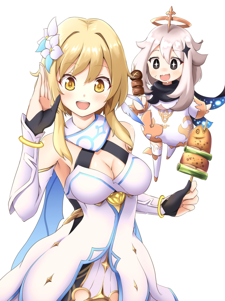 2girls, fish, food, genshin_impact, highres, lolitan, lumine_(genshin_impact), multiple_girls