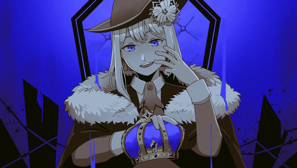 1girl, ban_hada, bangs, blue_eyes, collared_shirt, english_commentary, eyebrows_behind_hair, fur_trim, hat, head_tilt, holding_crown, king_(vocaloid), korean_commentary, limited_palette, looking_at_viewer, mixed-language_commentary, mouth_pull, nijisanji, nijisanji_kr, open_mouth, pirate_hat, rockoon, shirt, sitting, solo