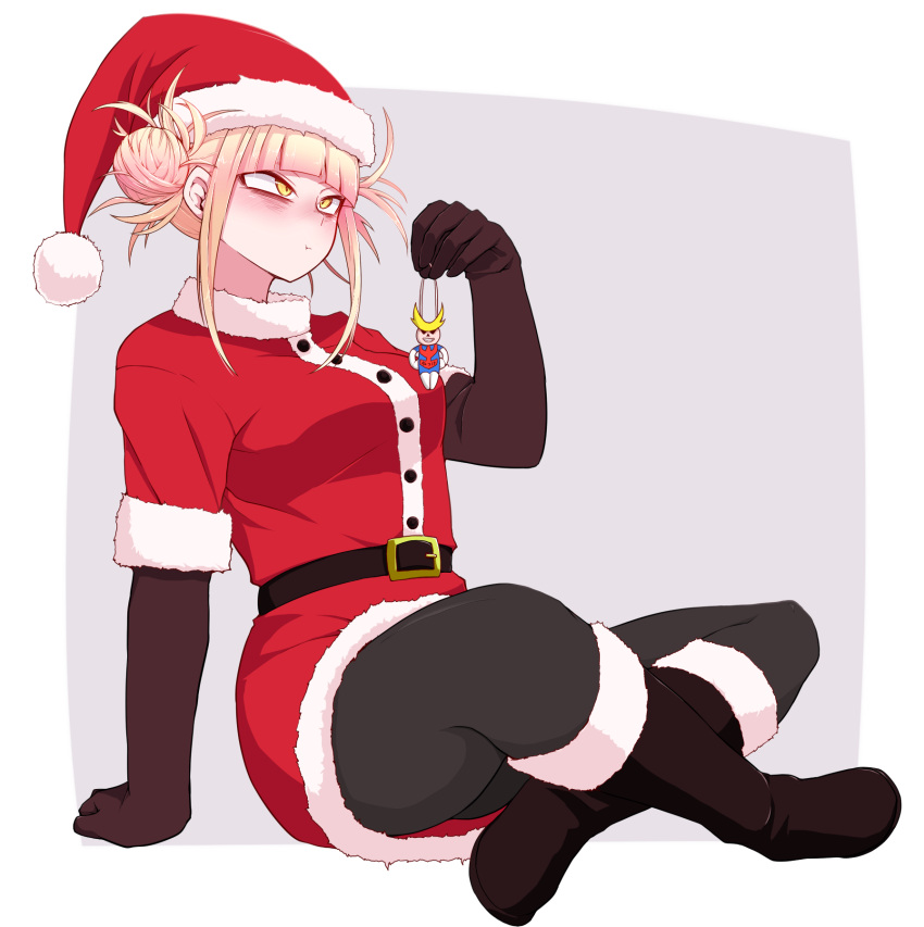 1girl, all_might, arm_support, bangs, belt, black_belt, black_footwear, black_gloves