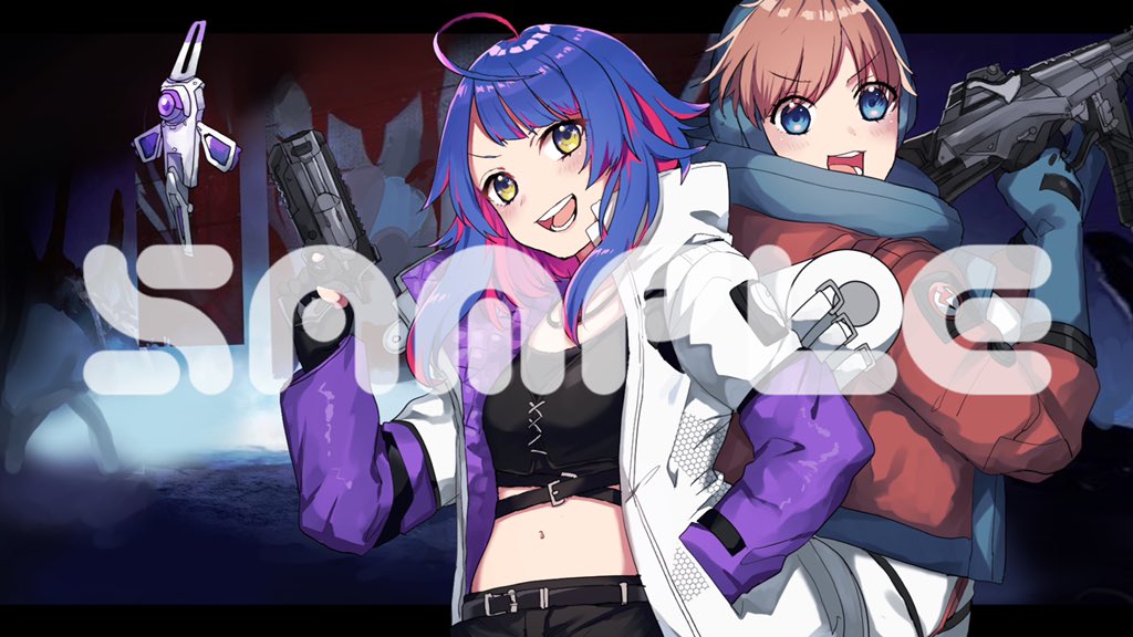 2girls, :d, ahoge, apex_legends, assault_rifle, b3_wingman, belt, black_belt