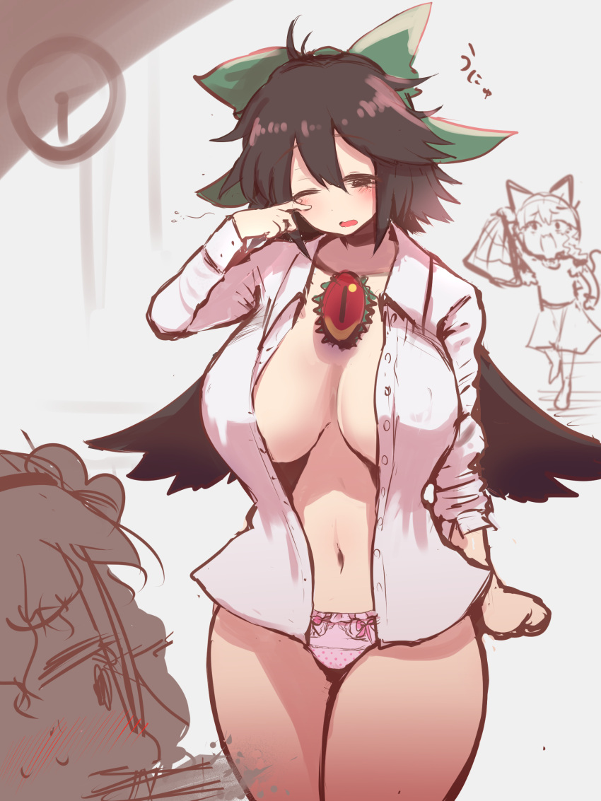 3girls, absurdres, alternate_hair_length, alternate_hairstyle, antenna_hair, arm_at_side, bangs, bird_wings