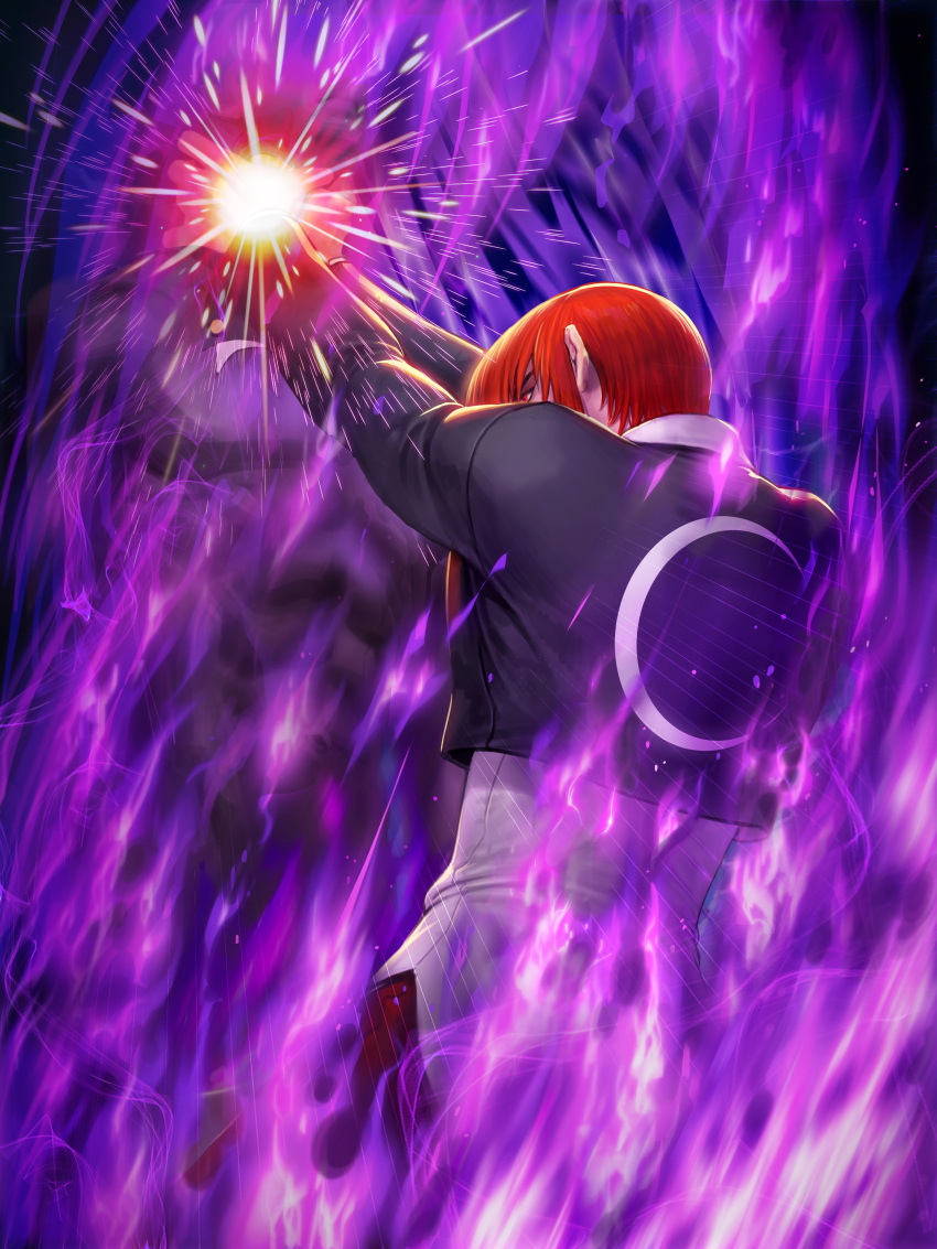 absurdres, aura, collar, fighting_game, fire, flaming_hand, glowing, grabbing, hand_on_another's_neck, highres, jacket, male_focus, moon_print, multiple_boys, neck_grab, neck_lift, official_art, pants, purple_fire, pyrokinesis, redhead, snk, standing, strangling, the_king_of_fighters, the_king_of_fighters_all-stars, unbuttoned_sleeves, yagami_iori
