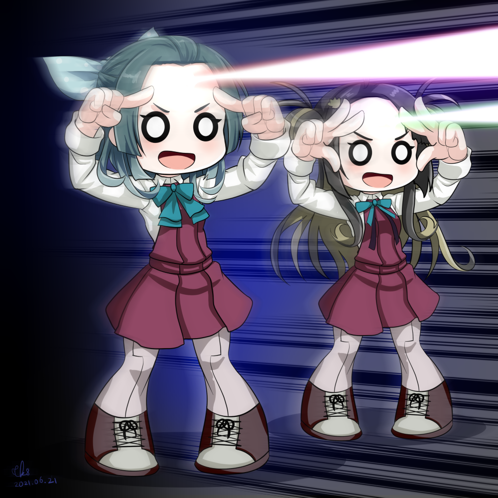 2girls, ahoge, aqua_bow, artist_name, beam, black_hair, black_legwear, bow