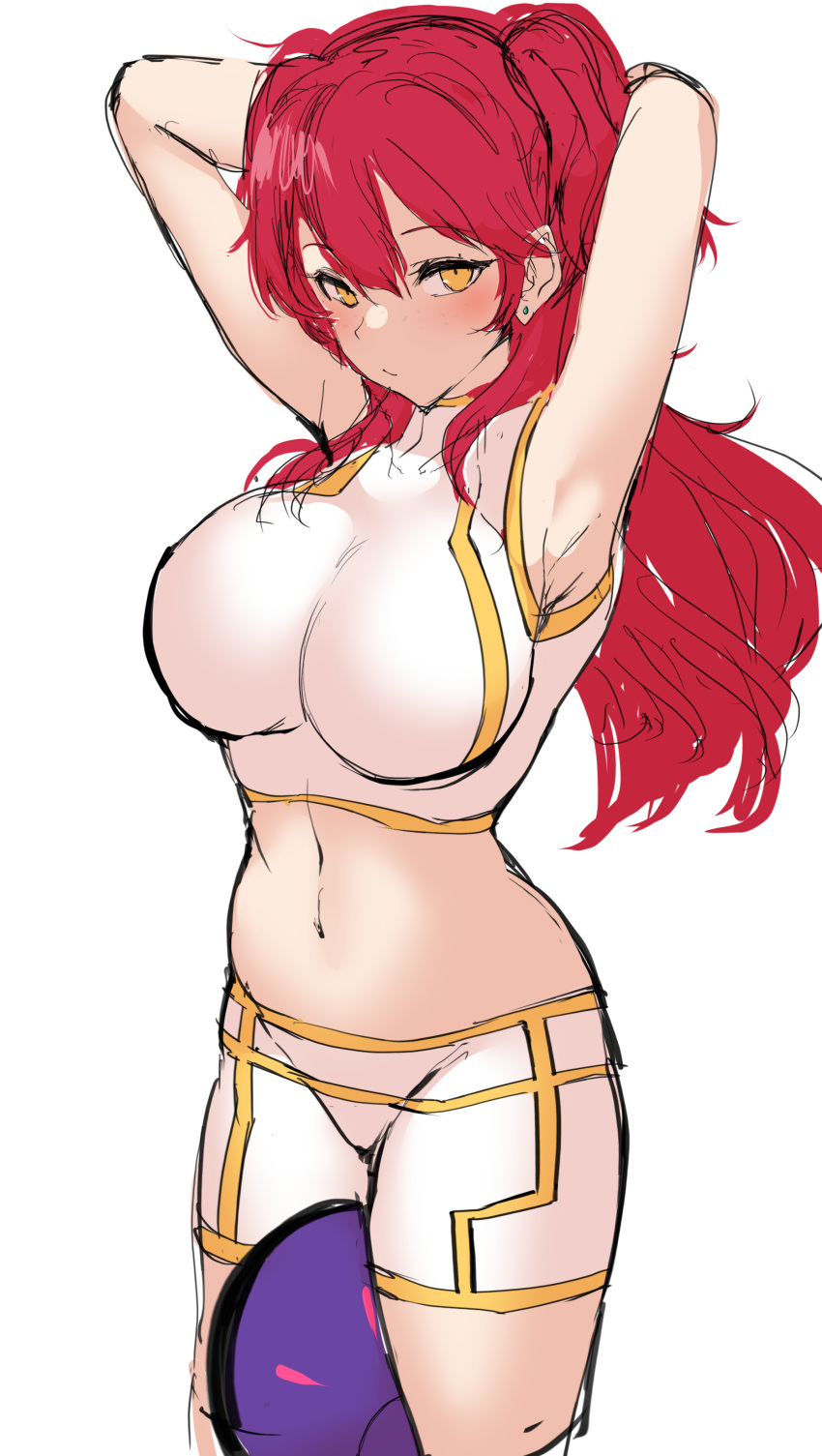 1girl, absurdres, agetama, armband, armpits, arms_behind_head, arms_up, bad_haro