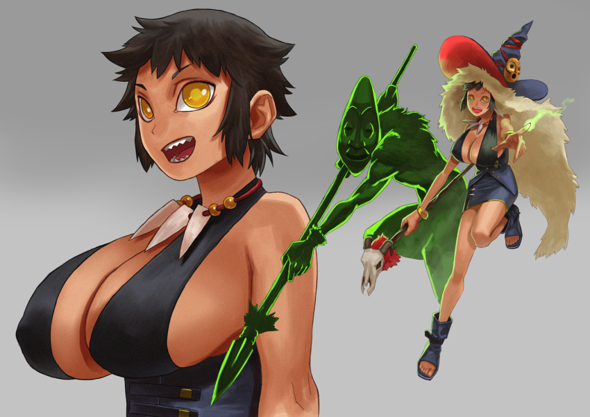 1girl, black_hair, breasts, dress, full_body, grey_background, hat, huge_breasts, jewelry, narisokonai, necklace, original, sharp_teeth, short_hair, simple_background, skirt, solo, staff, teeth, toeless_footwear, vest, witch_hat, yellow_eyes