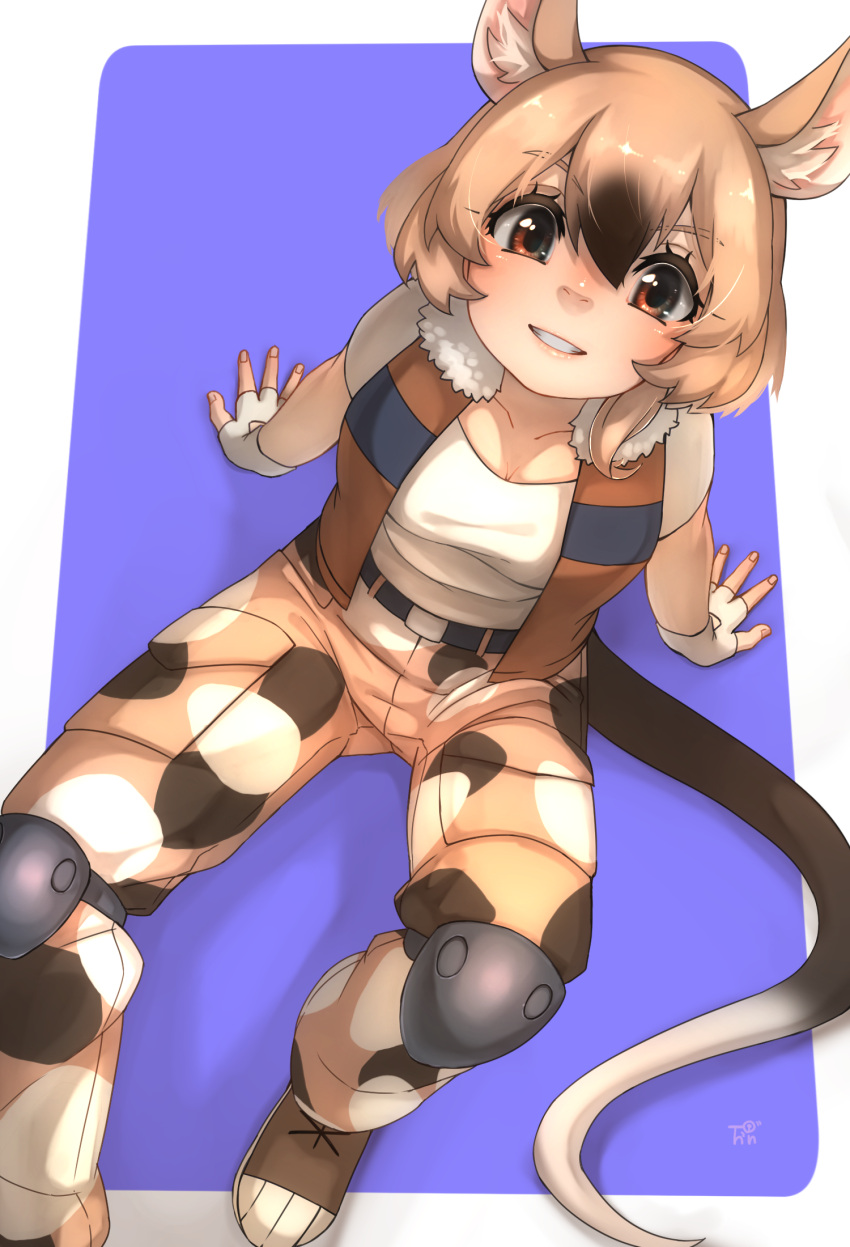 1girl, african_giant_pouched_rat_(kemono_friends), animal_ear_fluff, animal_ears, belt, black_hair, brown_pants, brown_vest