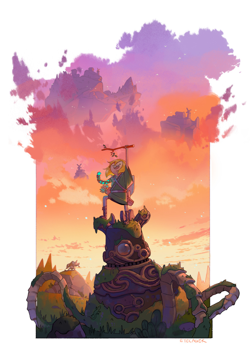 absurdres, adventure_time, arm_up, artist_name, blonde_hair, bokoblin, boots, border, club, cosplay, crossover, eyecager, finn_the_human, floating_island, glowing, glowing_hand, grass, guardian_(breath_of_the_wild), highres, horns, huge_filesize, link, link_(cosplay), mechanical_arms, moss, open_mouth, ruins, single_horn, single_mechanical_arm, standing, stick, sunset, teeth, the_legend_of_zelda, the_legend_of_zelda:_breath_of_the_wild, the_legend_of_zelda:_breath_of_the_wild_2, weapon, white_border