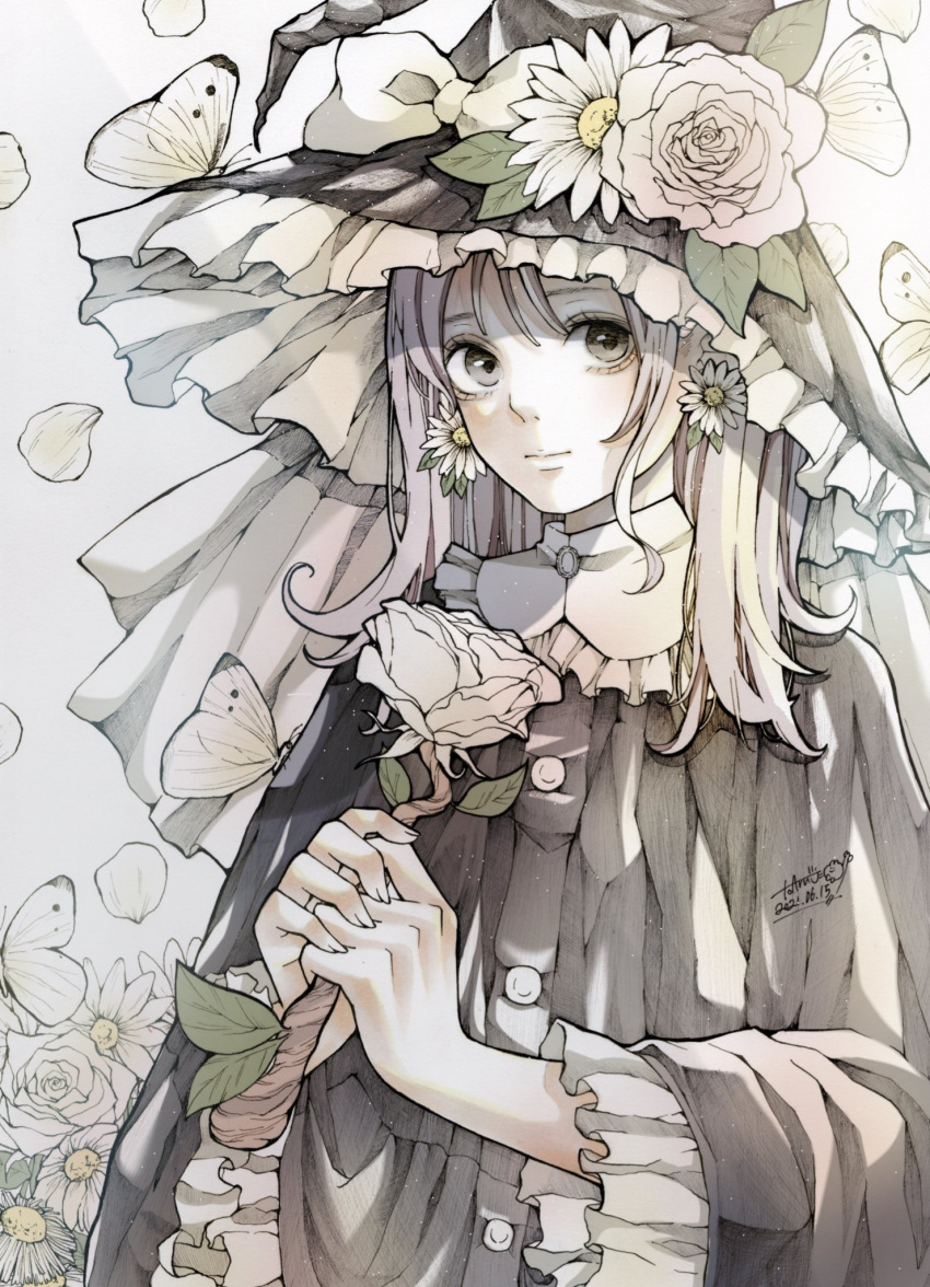 1girl, black_dress, black_eyes, black_headwear, bow, bug, butterfly, butterfly_on_hat