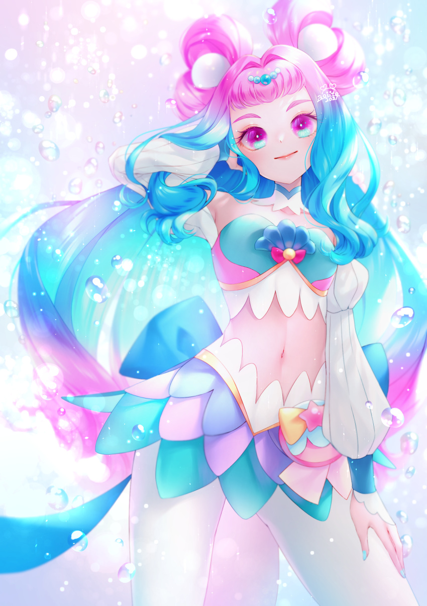 1girl, absurdres, aoi_itou, arm_up, blue_eyes, blue_hair, blue_nails, bubble