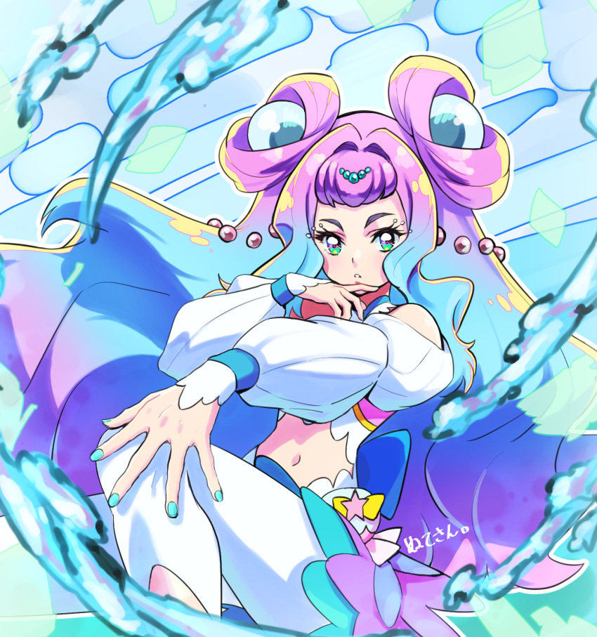 1girl, blue_background, blue_hair, blue_nails, cure_la_mer, double_bun, eyelash_ornament, fingernails