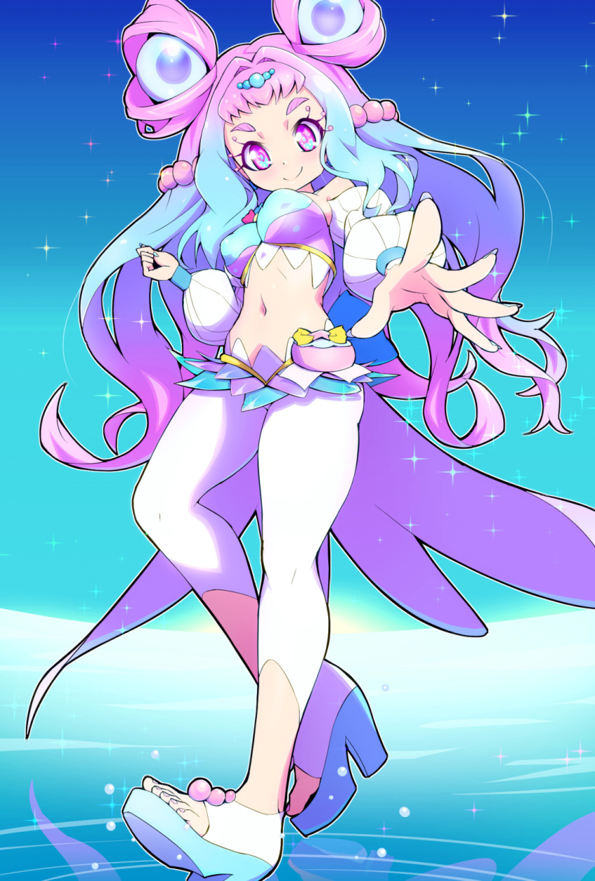 1girl, blue_background, blue_eyes, blue_footwear, blue_hair, breasts, closed_mouth, cure_la_mer