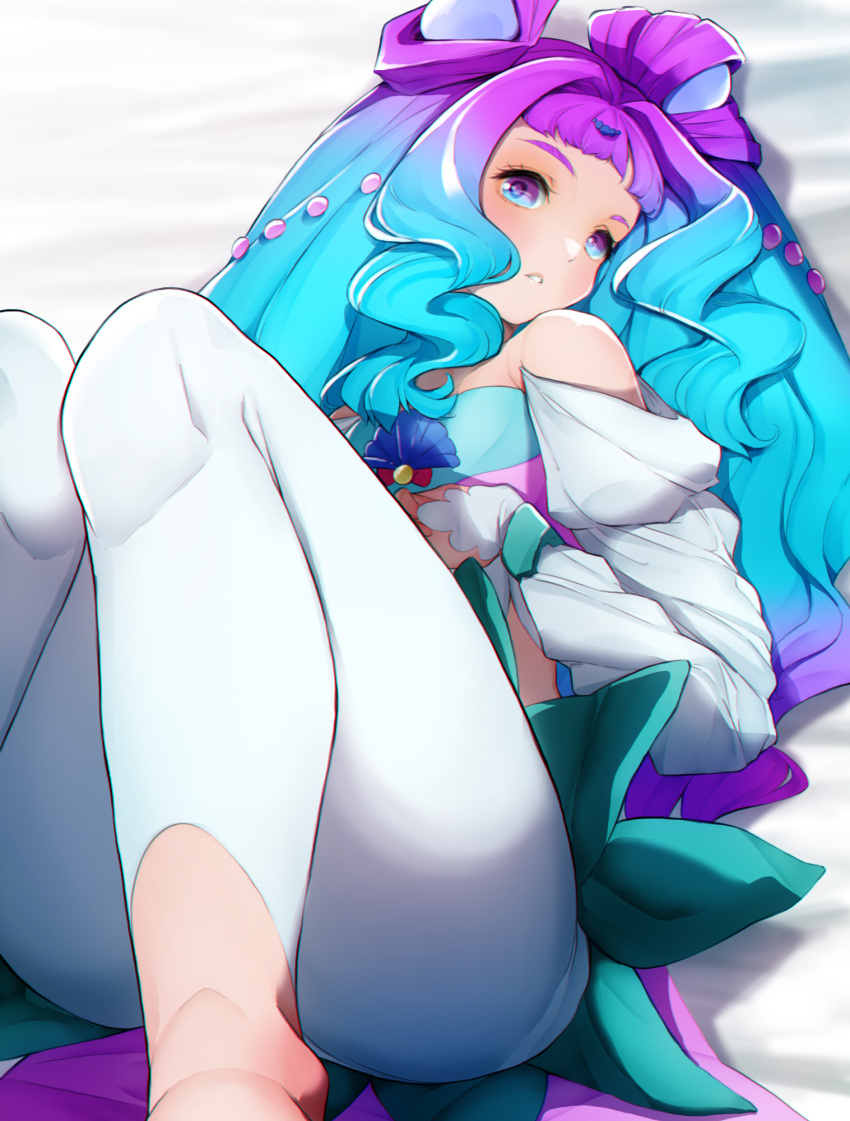 1girl, bare_shoulders, blue_eyes, blue_hair, cure_la_mer, double_bun, expressionless, feet_out_of_frame, grey_background, hair_bun, hair_intakes, hair_ornament, highres, laura_la_mer, leggings, long_hair, looking_at_viewer, lying, magical_girl, multicolored_eyes, on_back, parted_lips, precure, purple_hair, rikito1087, skirt, solo, thick_eyelashes, toeless_legwear, tropical-rouge!_precure, violet_eyes, white_leggings, white_sleeves