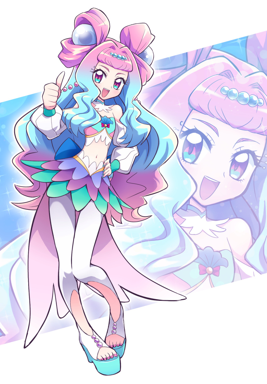 1girl, :d, blue_eyes, blue_hair, blue_nails, crop_top, cure_la_mer, detached_collar