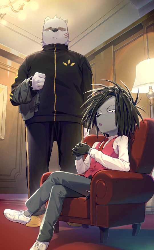 2boys, animal, animal_ears, armchair, black_hair, black_pants, blazer, carpet