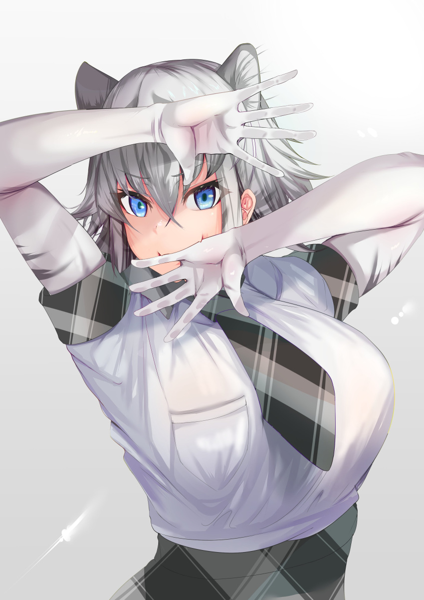 1girl, absurdres, animal_ears, arms_up, bangs, biting, biting_hand, blue_eyes