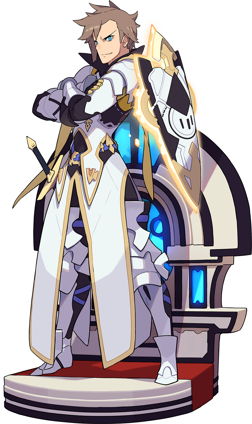 1boy, armor, armored_boots, artist_request, bangs, black_pants, black_shirt, blue_eyes, boots, brown_hair, closed_mouth, collared_shirt, crossed_arms, floating, floating_object, full_body, gloves, glowing, greaves, happy, highres, indoors, knee_pads, knight, lazaret_(world_flipper), legs_apart, looking_at_viewer, magic, male_focus, multicolored, multicolored_clothes, multicolored_gloves, non-web_source, official_art, pants, pauldrons, shield, shiny, shiny_hair, shirt, short_hair, shoulder_armor, smile, solo, spiky_hair, standing, surcoat, sword, transparent_background, v-shaped_eyebrows, vambraces, weapon, white_footwear, window, world_flipper