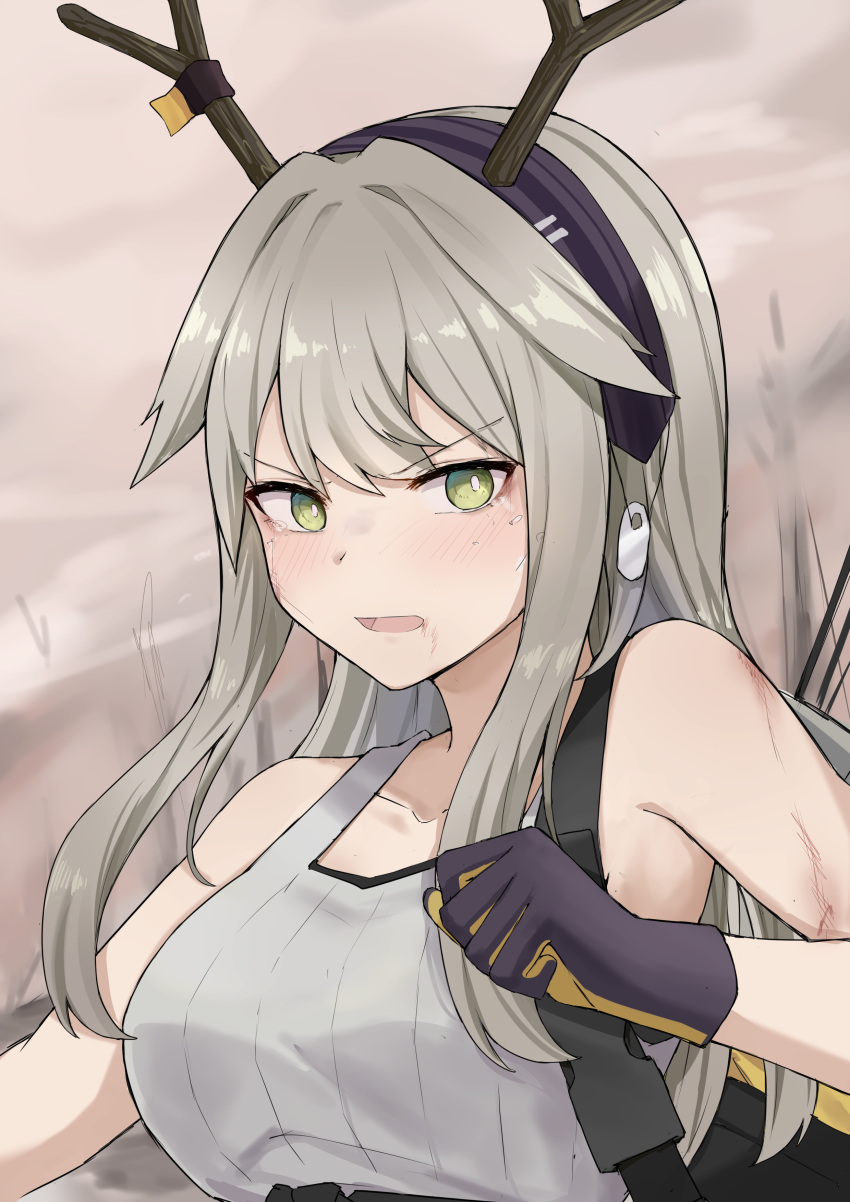 1girl, absurdres, antlers, arknights, bag, black_gloves, black_hairband, blush