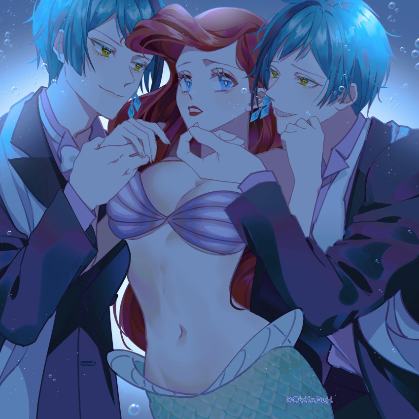 1girl, 2boys, ariel_(disney), bikini, blue_eyes, breasts, crossover, disney