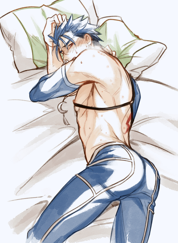 1boy, ass, back_tattoo, bed_sheet, blue_hair, blue_pants, cowboy_shot, crescent_necklace