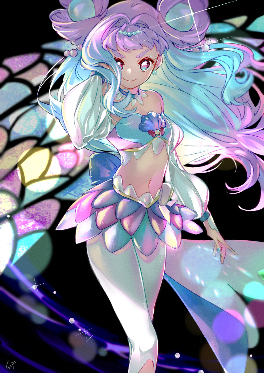 1girl, absurdres, bare_shoulders, black_background, blue_eyes, blue_hair, blue_nails, choker, closed_mouth, cowboy_shot, crop_top, cure_la_mer, detached_sleeves, double_bun, earrings, eyelash_ornament, fingernails, glint, hair_bun, hair_intakes, hair_ornament, heart, heart_in_eye, highres, jewelry, laura_la_mer, layered_skirt, legs_together, long_hair, looking_at_viewer, magical_girl, midriff, multicolored_background, multicolored_clothes, multicolored_eyes, multicolored_hair, multicolored_skirt, navel, pantyhose, precure, purple_hair, seashell, shell, shipu_(gassyumaron), signature, skirt, smile, solo, standing, symbol_in_eye, thick_eyebrows, tropical-rouge!_precure, two-tone_hair, violet_eyes, white_pantyhose, white_sleeves