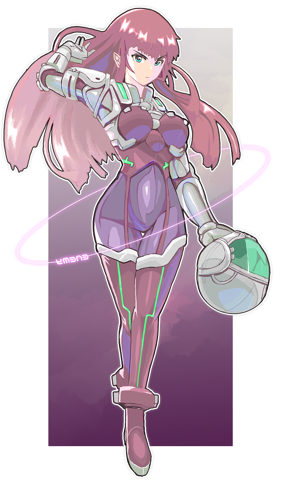 1girl, :|, bangs, blue_eyes, blunt_bangs, bodysuit, breasts, closed_mouth, commentary, commentary_request, english_commentary, expressionless, full_body, gloves, gradient, gradient_background, hand_in_hair, headwear_removed, helmet, helmet_removed, highres, holding, holding_helmet, ken_marinaris, long_hair, looking_at_viewer, phlogiston_drow, pilot_suit, pink_bodysuit, pink_hair, pointy_ears, simple_background, solo, standing, v-shaped_eyebrows, very_long_hair, zone_of_the_enders, zone_of_the_enders_2