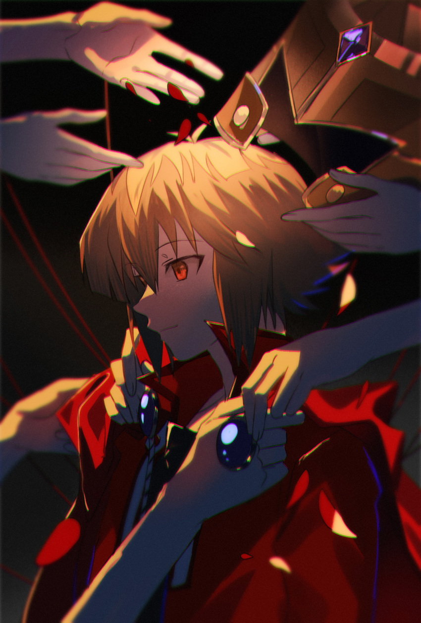 1boy, 4others, absurdres, bangs, brown_hair, chromatic_aberration, duel_academy_uniform_(yu-gi-oh!_gx), falling_petals