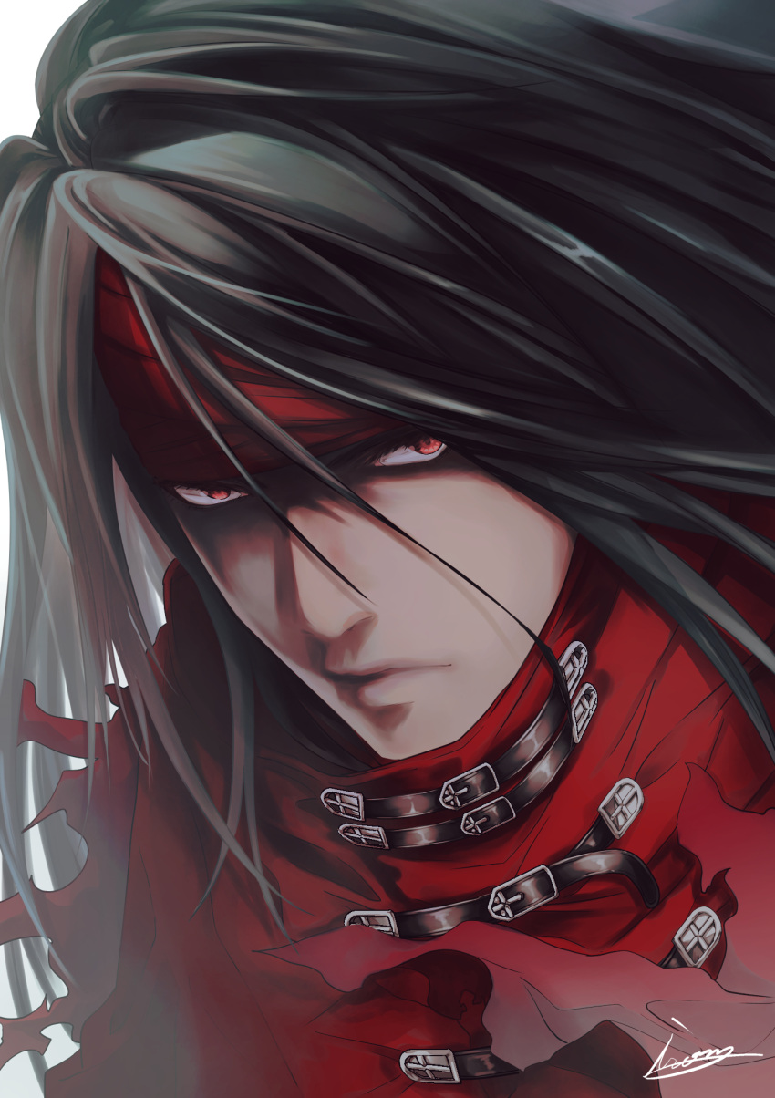 1boy, black_hair, cloak, final_fantasy, final_fantasy_vii, frown, glaring, headband
