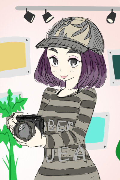 1girl, artist_request, baseball_cap, bob_cut, camera, doodle, girls_mode_2, gradient_hair, graphic_shirt, grey_eyes, grey_shirt, hat, holding, holding_camera, multicolored_hair, photographer, pink_lips, purple_hair, shirt, simple_background, smile, solo, striped, striped_shirt, style_savvy_(video_game_series), teagen_(style_savvy), two-tone_hair