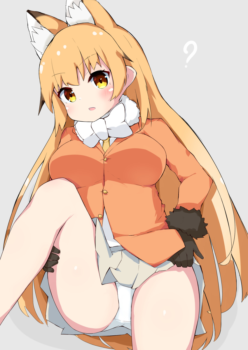 1girl, ?, animal_ear_fluff, animal_ears, beige_shirt, berusa_(berutoo), bikini, black_gloves, blonde_hair, breasts, extra_ears, ezo_red_fox_(kemono_friends), fox_ears, fox_tail, fur-trimmed_gloves, fur_trim, gloves, hand_on_own_thigh, hand_on_thigh, highres, jacket, kemono_friends, kemono_friends_3, looking_at_viewer, orange_jacket, panties, pantyshot, pleated_skirt, skirt, solo, swimsuit, tail, unbuttoned, underwear, white_bikini, white_panties, yellow_eyes, yellow_neckwear