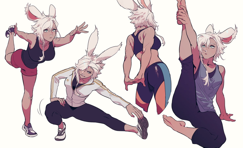 1girl, animal_ears, blue_eyes, byuub, dark-skinned_female, dark_skin, final_fantasy, final_fantasy_xiv, hair_between_eyes, jacket, long_hair, midriff, multiple_views, rabbit_ears, shorts, solo, sports_bra, standing, standing_on_one_leg, stretch, tank_top, track_jacket, viera, white_background, white_hair