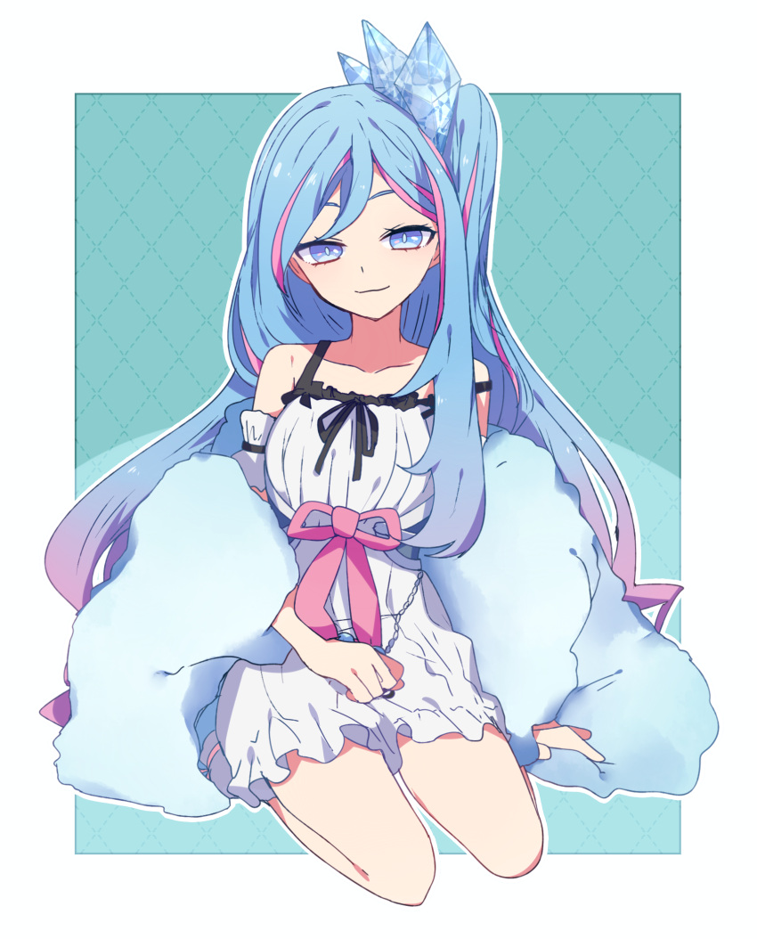 1girl, blue_eyes, blue_hair, border, closed_mouth, commentary, crystal, dress, duel_monster, frilled_armband, frilled_dress, frills, gradient_hair, green_background, hair_ornament, half-closed_eyes, highres, kneeling, long_hair, looking_at_viewer, multicolored_hair, nanashiba_(banntlla), outline, outside_border, purple_hair, shawl, short_dress, smile, solo, spaghetti_strap, strap_slip, streaked_hair, very_long_hair, white_border, white_dress, white_outline, witchcraft_master_verre, yu-gi-oh!