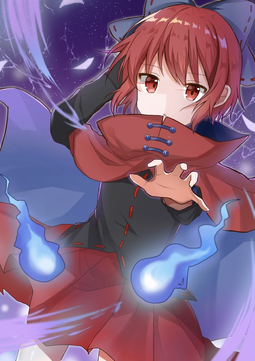1girl, bangs, black_shirt, blue_bow, bow, cloak, closed_mouth, commentary_request