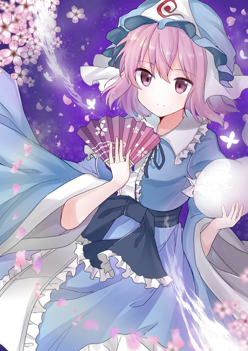 1girl, bangs, black_ribbon, black_sash, blue_kimono, blush, bug, butterfly