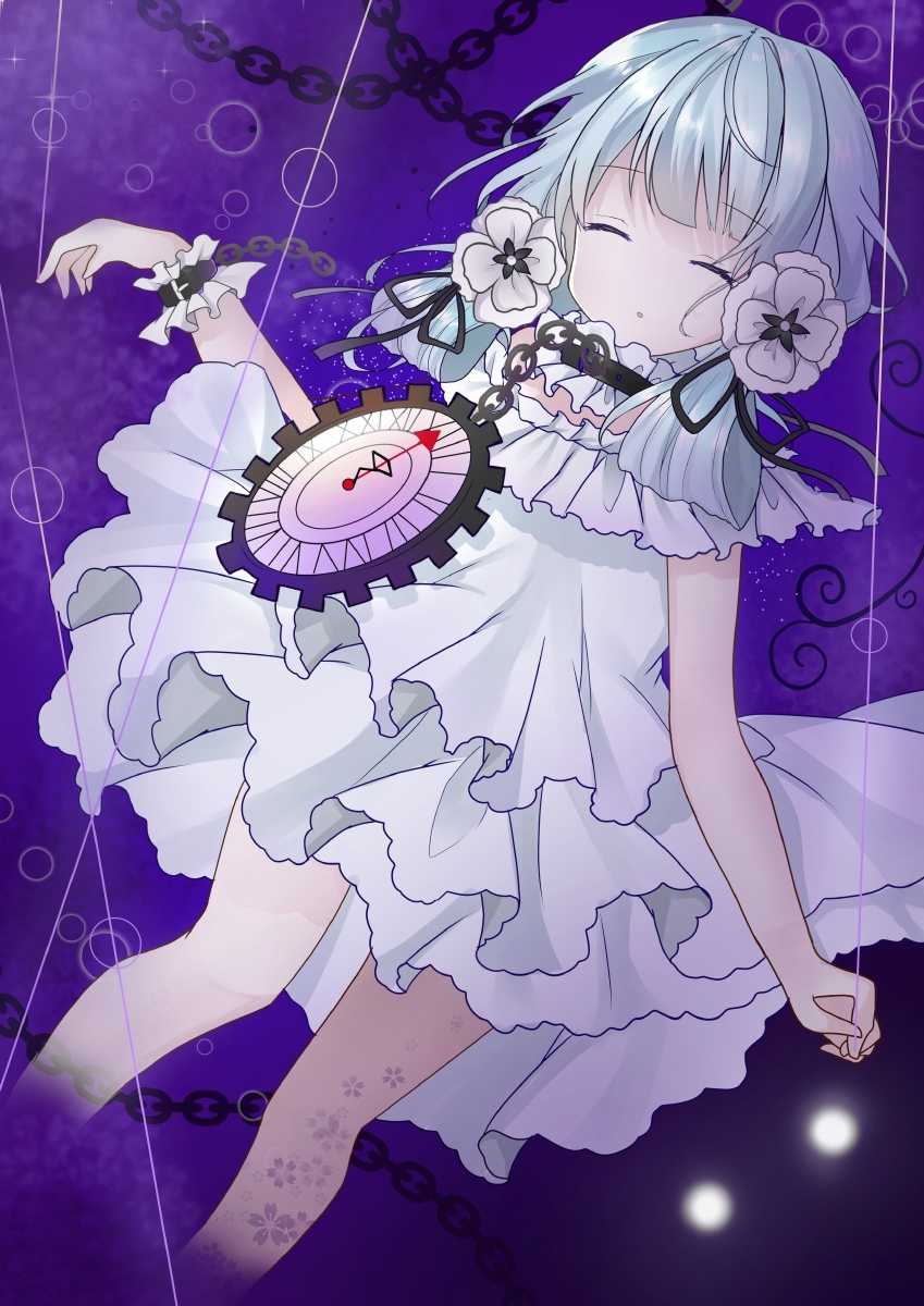 #compass, 1girl, bangs, black_ribbon, blue_hair, blunt_bangs, chain, clock