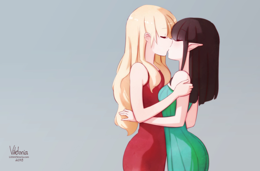 2girls, artist_name, bare_arms, blonde_hair, closed_eyes, commentary, cowboy_shot, dress