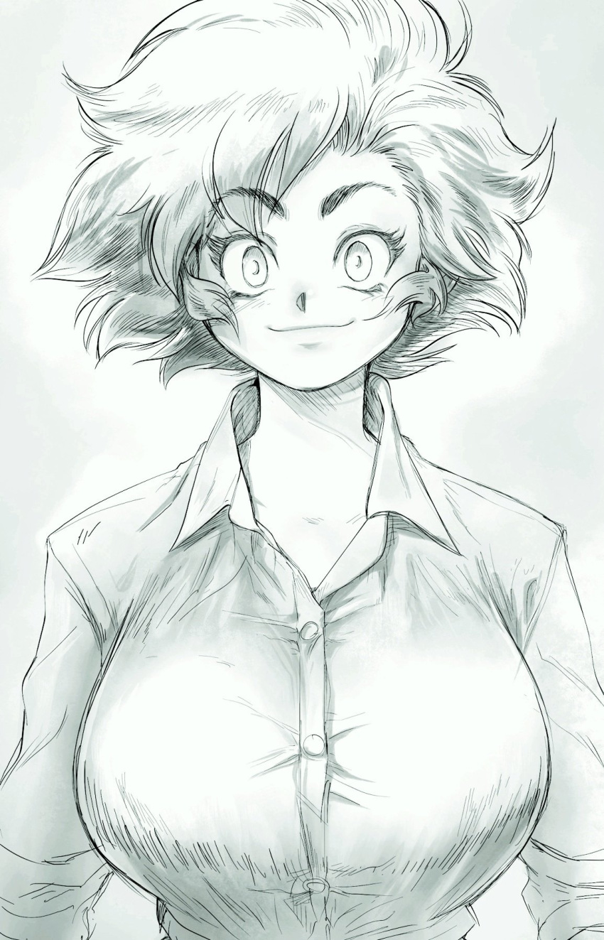 1girl, breasts, buttons, closed_mouth, collared_shirt, eyebrows_visible_through_hair, greyscale, highres