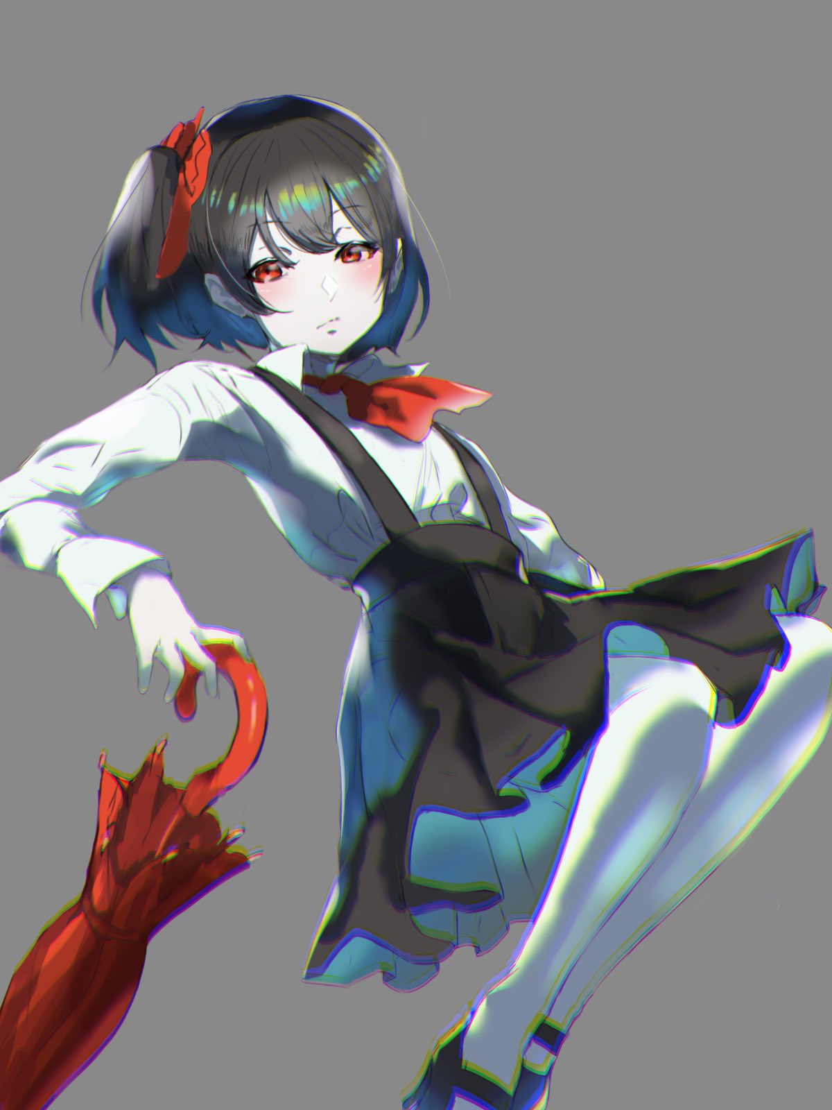 1girl, ascot, bangs, black_footwear, black_hair, black_skirt, blush, chromatic_aberration