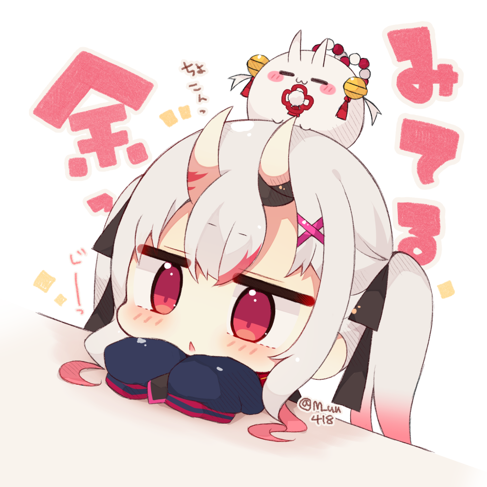 1girl, :<, :3, bell, black_bow, blush, blush_stickers, bow